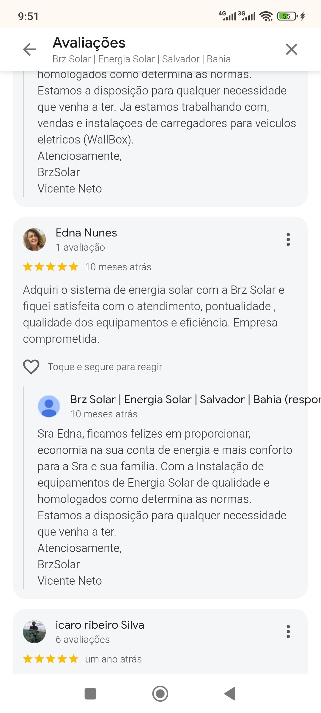 Print de avaliação no Google – Edna Nunes